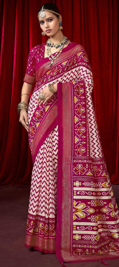 Pink and Majenta, White and Off White color Saree in Silk fabric with Printed, Weaving work