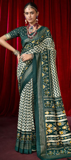 Green, White and Off White color Saree in Silk fabric with Printed, Weaving work