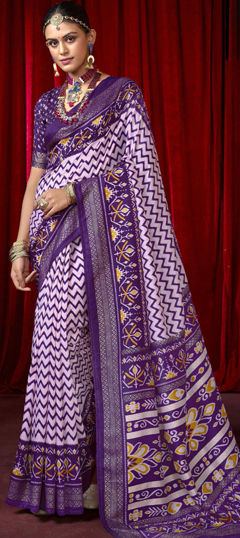 Purple and Violet, White and Off White color Saree in Silk fabric with Printed, Weaving work