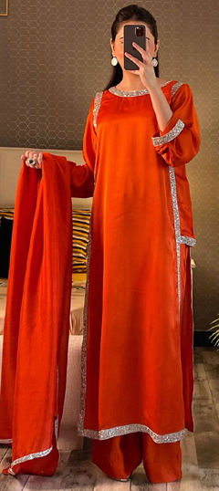 Orange color Salwar Kameez in Crepe Silk fabric with Border work