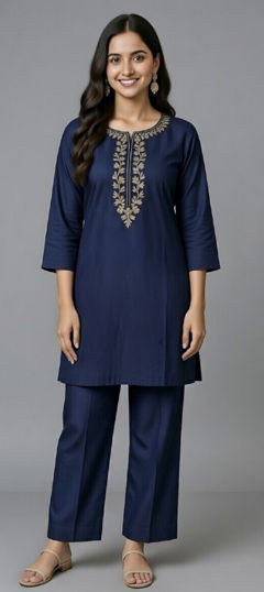 Blue color Salwar Kameez in Rayon fabric with Embroidered work