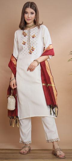 White and Off White color Salwar Kameez in Blended Cotton fabric with Embroidered work