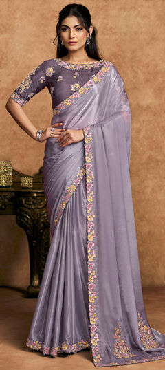 Purple and Violet color Saree in Crepe Silk, Satin fabric with Bugle Beads, Sequence work