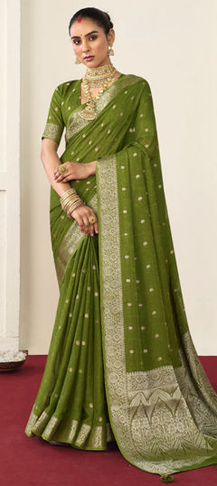 Green color Saree in Silk fabric with Weaving work