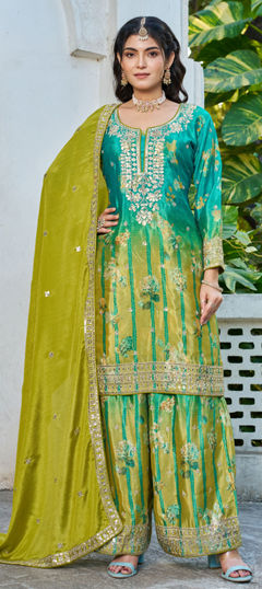 Green color Salwar Kameez in Chinon Silk fabric with Embroidered, Sequence work