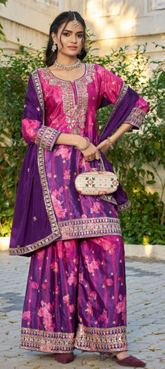 Pink and Majenta color Salwar Kameez in Chinon Silk fabric with Embroidered, Sequence work