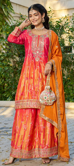 Orange, Red and Maroon color Salwar Kameez in Chinon Silk fabric with Embroidered, Sequence work