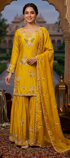 Yellow color Salwar Kameez in Viscose fabric with Embroidered, Sequence work
