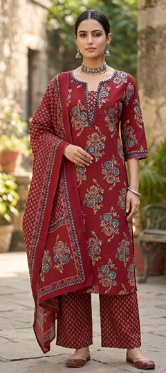 Red and Maroon color Salwar Kameez in Cotton fabric with Printed work