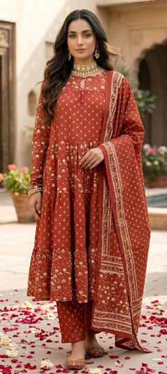 Beige and Brown color Salwar Kameez in Cotton fabric with Printed work