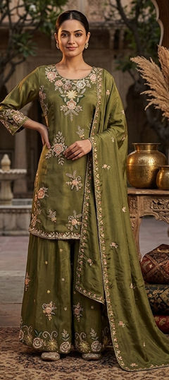 Green color Salwar Kameez in Viscose fabric with Embroidered, Sequence work
