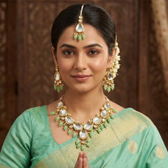 Gold Rodium Polish Green color Necklace in Metal Alloy studded with Kundan