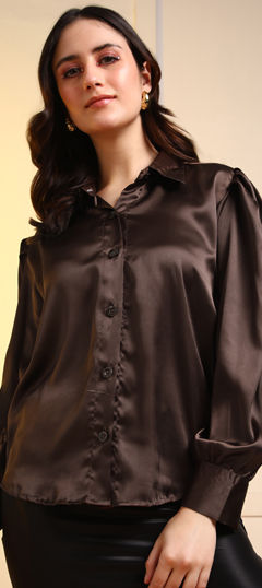 Beige and Brown color Tops and Shirts in Satin fabric with Thread work