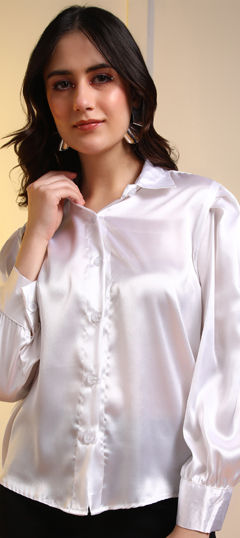 White and Off White color Tops and Shirts in Satin fabric with Thread work
