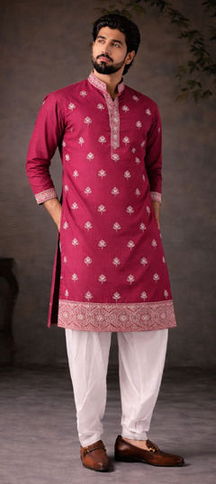 Pink and Majenta color Kurta Pyjamas in Silk fabric with Embroidered work