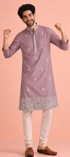 Purple and Violet color Kurta Pyjamas in Silk fabric with Embroidered work
