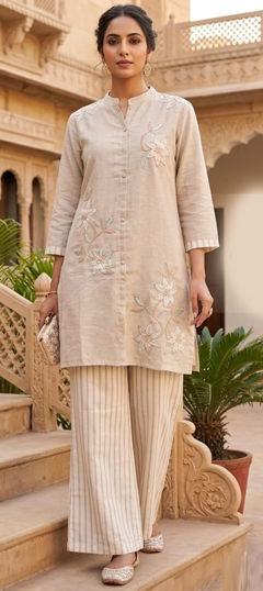 Beige and Brown color Salwar Kameez in Cotton fabric with Embroidered, Sequence work