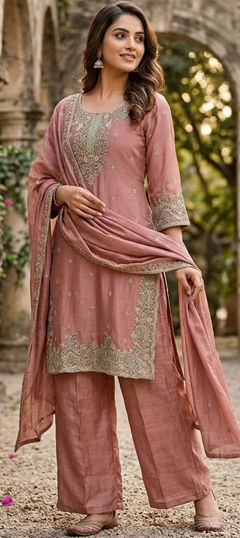 Pink and Majenta color Salwar Kameez in Silk fabric with Embroidered, Sequence work