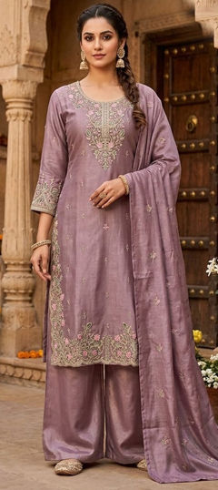Purple and Violet color Salwar Kameez in Silk fabric with Embroidered, Sequence work