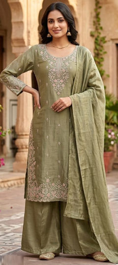 Green color Salwar Kameez in Silk fabric with Embroidered, Sequence work