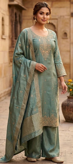 Green color Salwar Kameez in Silk fabric with Embroidered, Sequence work