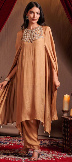 Beige and Brown color Salwar Kameez in Silk fabric with Sequence work