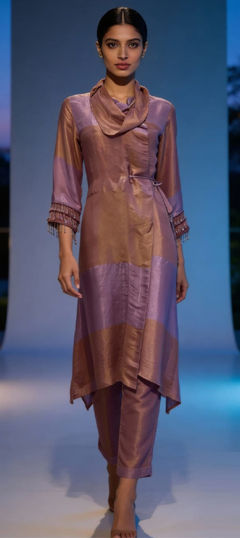 Beige and Brown color Salwar Kameez in Silk fabric with Thread work