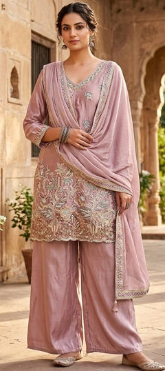 Pink and Majenta color Salwar Kameez in Silk fabric with Embroidered, Sequence work