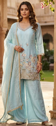 Blue color Salwar Kameez in Silk fabric with Embroidered, Sequence work