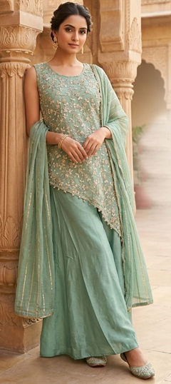 Green color Salwar Kameez in Silk fabric with Embroidered, Sequence work