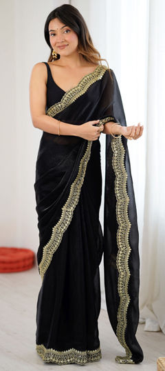 Black and Grey color Saree in Tissue fabric with Embroidered, Sequence work