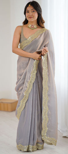 Black and Grey color Saree in Tissue fabric with Embroidered, Sequence work