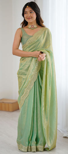 Green color Saree in Tissue fabric with Embroidered, Sequence work