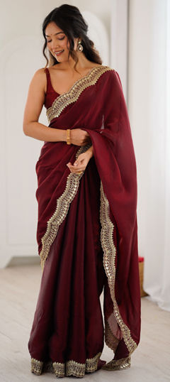Red and Maroon color Saree in Tissue fabric with Embroidered, Sequence work