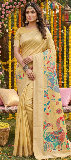 Yellow color Saree in Cotton, Linen fabric with Weaving work