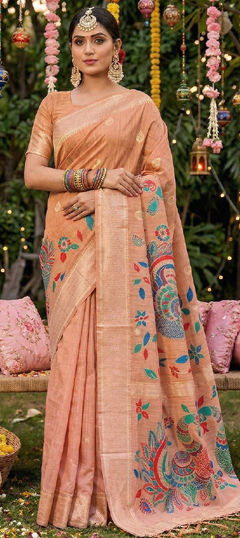 Pink and Majenta color Saree in Cotton, Linen fabric with Weaving work