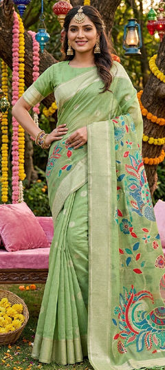 Green color Saree in Cotton, Linen fabric with Weaving work