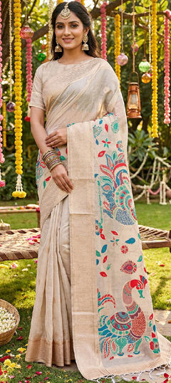 White and Off White color Saree in Cotton, Linen fabric with Weaving work