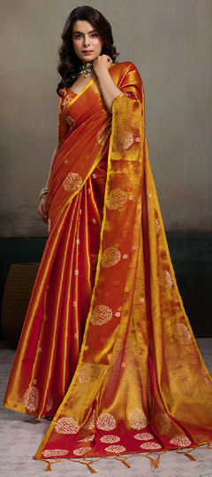 Orange color Saree in Tissue fabric with Weaving work