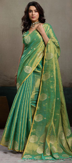 Green color Saree in Tissue fabric with Weaving work
