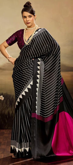 Black and Grey color Saree in Satin Silk fabric with Printed work
