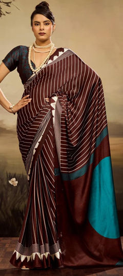 Beige and Brown color Saree in Satin Silk fabric with Printed work