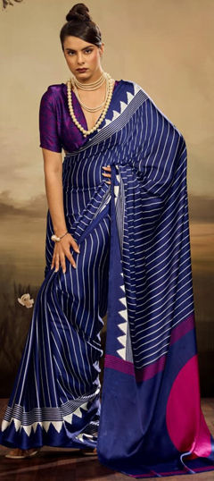 Blue color Saree in Satin Silk fabric with Printed work