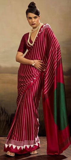 Red and Maroon color Saree in Satin Silk fabric with Printed work