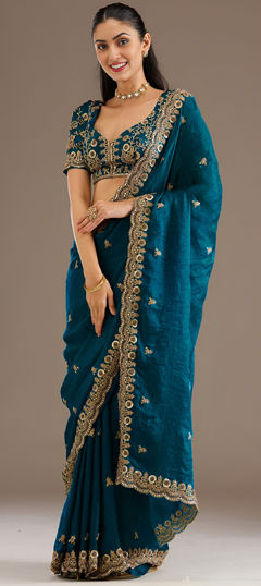 Blue color Saree in Tissue fabric with Embroidered, Moti, Sequence, Stone, Zari work