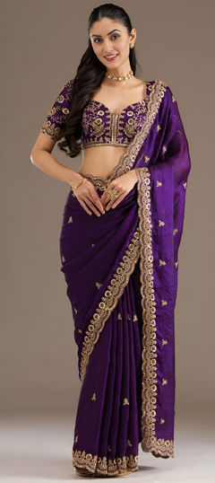 Purple and Violet color Saree in Tissue fabric with Embroidered, Moti, Sequence, Stone, Zari work