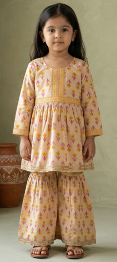 Beige and Brown, Pink and Majenta color Girls Top with Bottom in Cotton fabric with Floral, Gota Patti, Printed work