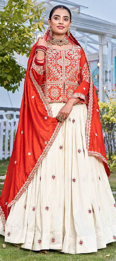 Orange, White and Off White color Long Lehenga Choli in Silk fabric with Embroidered, Sequence work