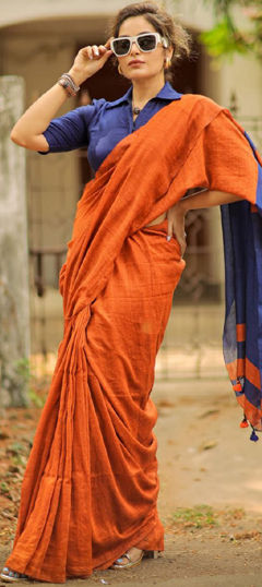 Blue, Orange color Saree in Cotton Flex fabric with Printed work