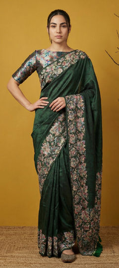 Green color Saree in Silk fabric with Printed, Weaving work